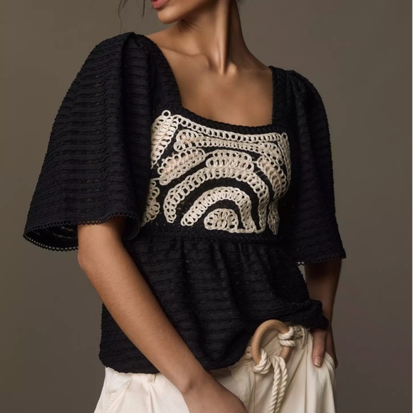 Anthropologie Sarah Hann Flutter Sleeve Crochet Top - Picture 2 of 10